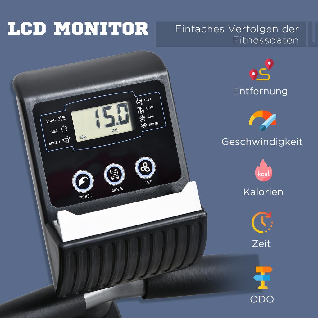 Ergometer mit LCD-Display, 8-stufige einstellbare Magnetwiderstand, Liegeergometer mit Herzfrequenzsensoren