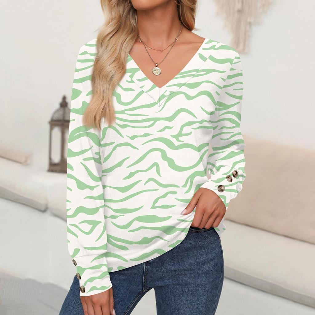 Damen Tops Blumendruck Langarmshirt V-Ausschnitt Casual Loose Tee Herbstkleidung