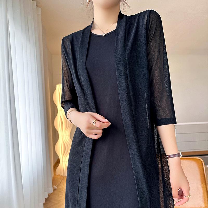 

Женский летний вязаный кардиган: Ленивый стиль средней длины из ледяного шелка солнцезащитная верхняя одежда 3XL чёрный