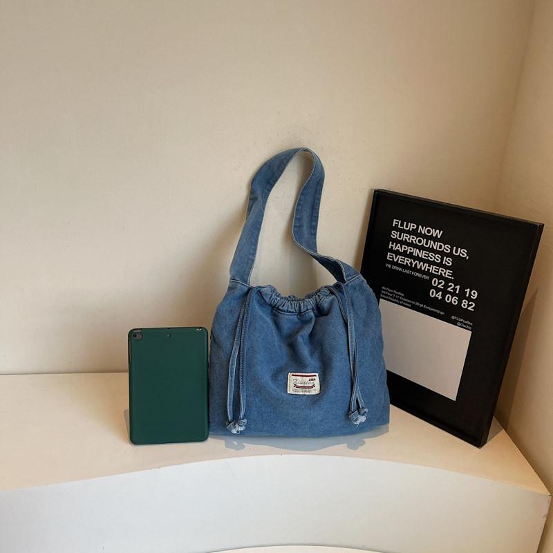 Drawstring Denim Tote Bag For Women With Tophandle Design And Large Capacity For Daily Use