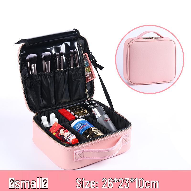 

Pink PU Leather Cosmetic Bag with Embroidered Nail Design - Portable, Large Capacity Makeup Storage Case