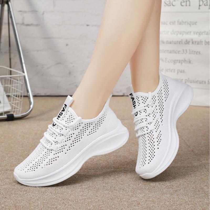 Women's Breathable Flying Woven Sneakers, Casual Solid Color Running Shoes, Lightweight Lace Up Athletic Shoes