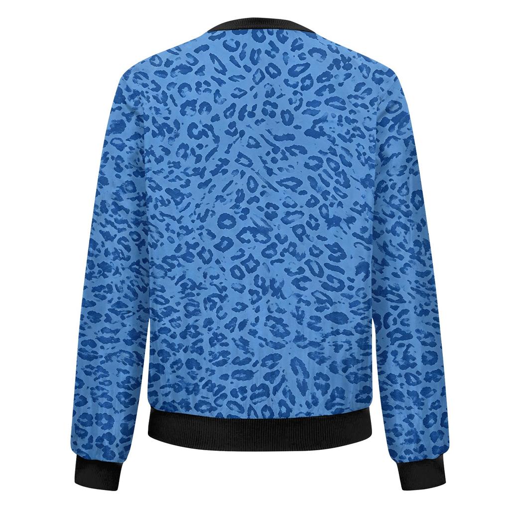 Women's Stylish Long Sleeve Leopard Print Zip-Up Round Neck Jacket for Everyday Wear