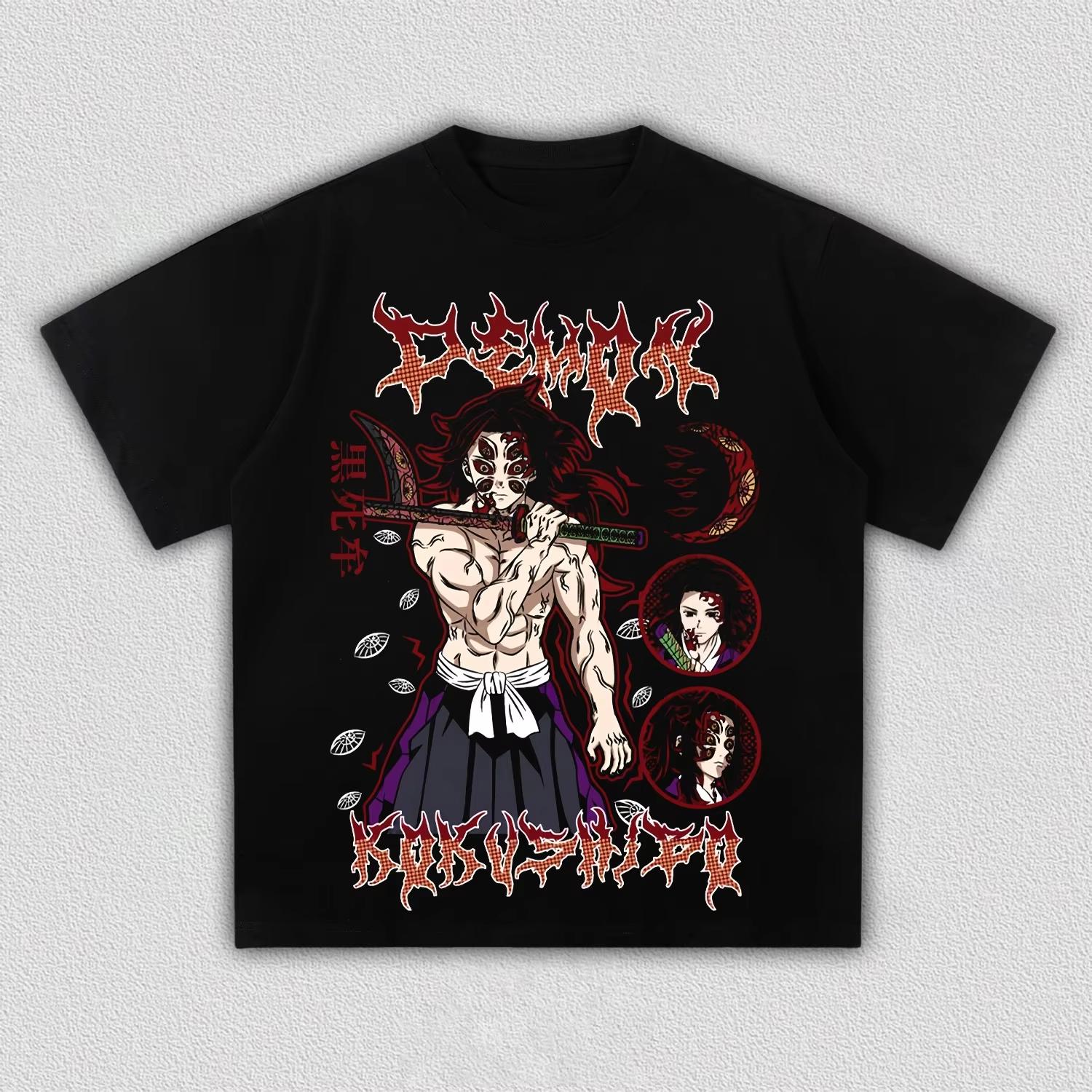Unisex Vintage Demon Slayer Kokushibo Manga Print T-Shirt, Dark Aesthetic Anime Casual Streetwear T-shirt 4XL