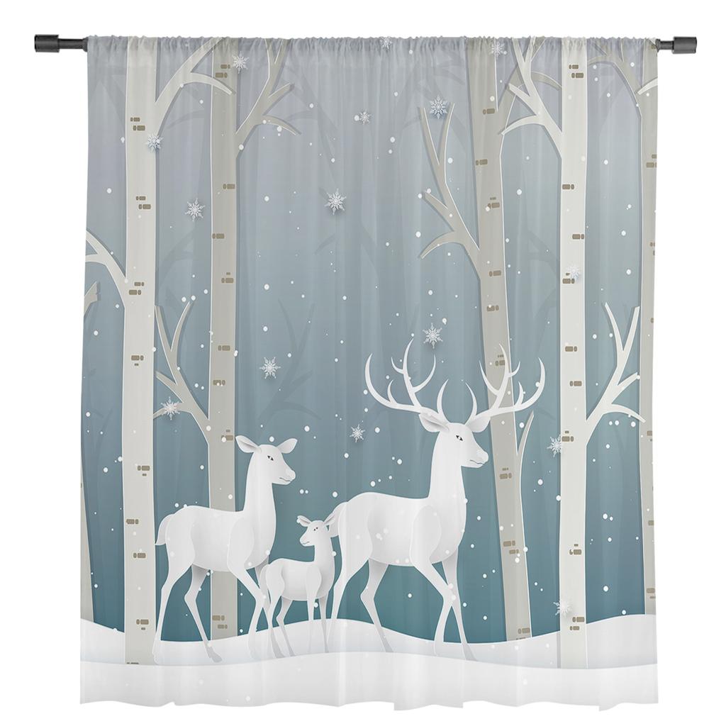 Christmas Elk Curtain Cartoon Xmas Forest Tree Deer Winter Snowflake Semi Living Room Voile Window Treatment Light Filtering Polyester Ideal For Great