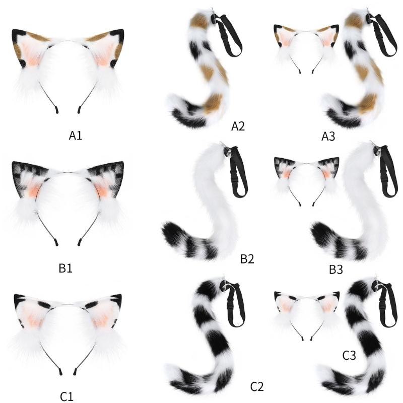 Anime-Cosplay Props Cat Ears and Tail Set Plush Furry Animal Ears Hairhoop with Cat Tail Fancy-Dress Party Costumes