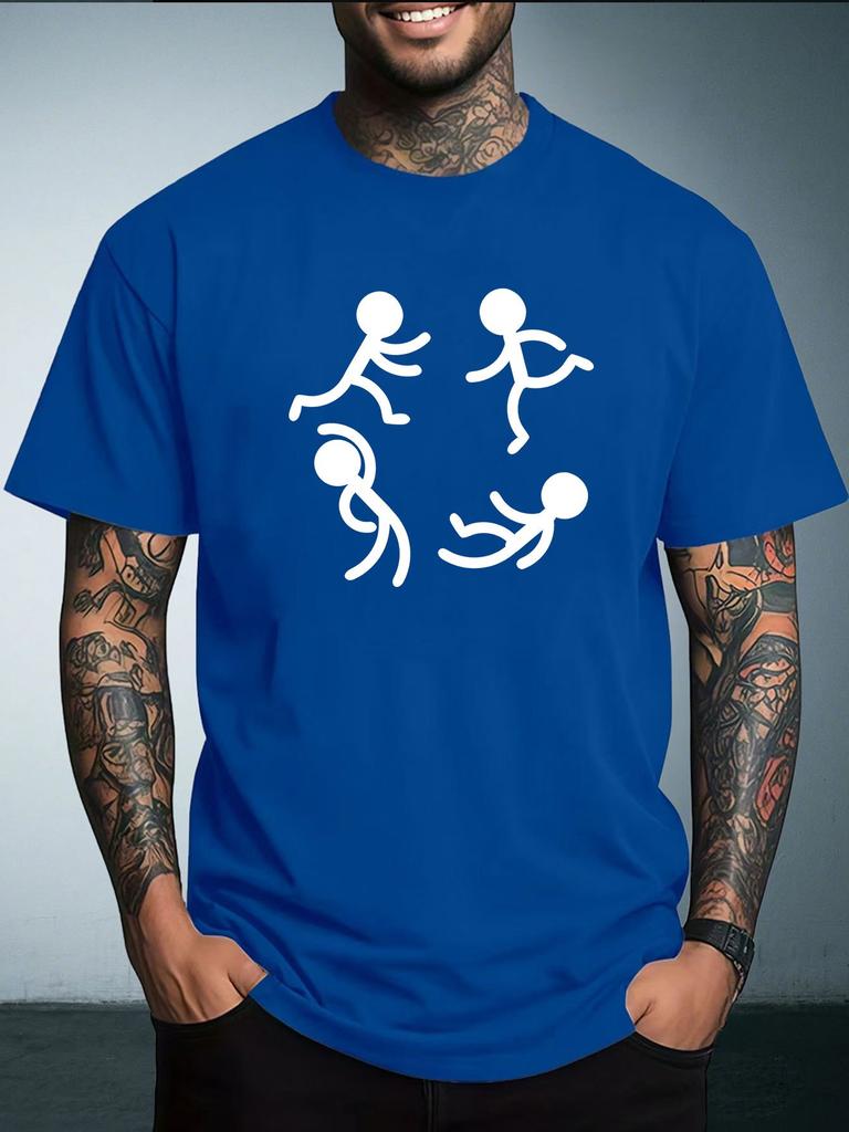 Unisex Summer White Short Sleeve Tee Circle Running Stick Figures Simple Graphic Print Crew Neck Loose Casual Male Daily Tops