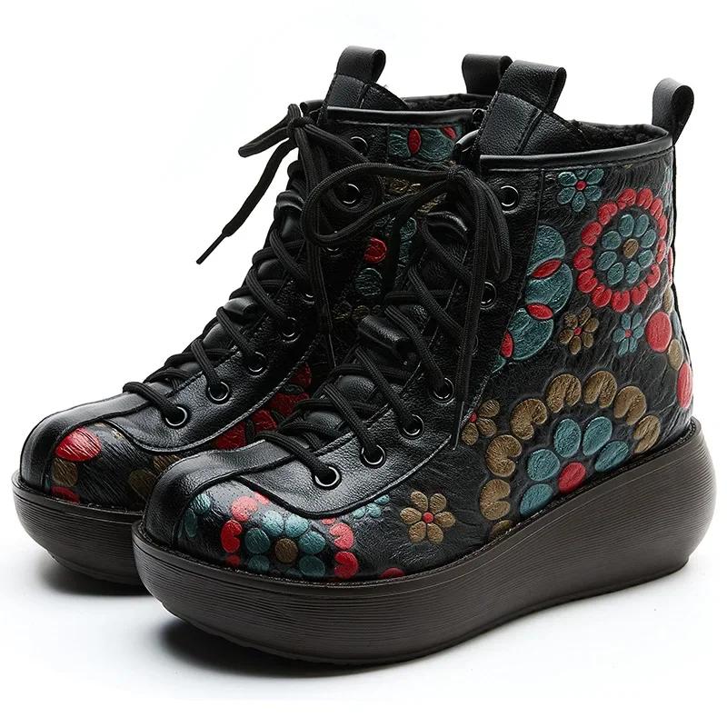 

Женские ботинки из натуральной кожи, ретро-обувь 2024 года, новые модные ботинки с круглым носком и шнуровкой ручной работы на платформе 35 чёрный