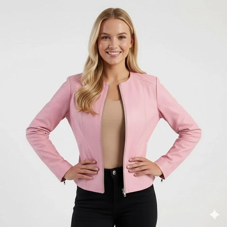 Women's Pink Slim Fit Handmade Stylish Genuine Soft Biker Lambskin Leather Jacket