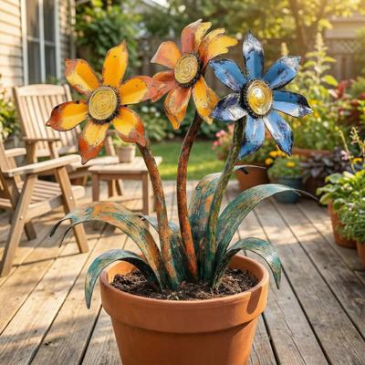 Retro Flower Garden Stake, Distressed Metal Flower Sculpture, Colorful Flowers Yard Art Stake, Rustic Outdoor Decoration for Lawn Pathway