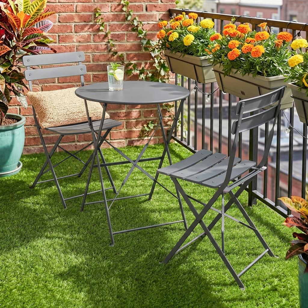 Folding Garden Bistro Set, Outdoor Round Bistro Table and Chairs Set 2 with Electrophoresis Metal Frame, Grey