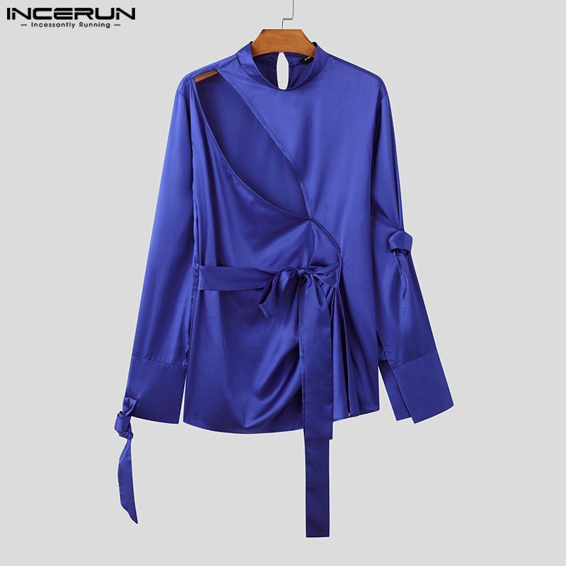 INCERUN Men Long Sleeve Cutout Satin Shirts Casual Solid Color Tops