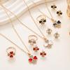 Diamond-Studded Four-Leaf Clover Jewelry Set: Heart-to-Heart Necklace, Ring, Earrings 3-Piece Collection