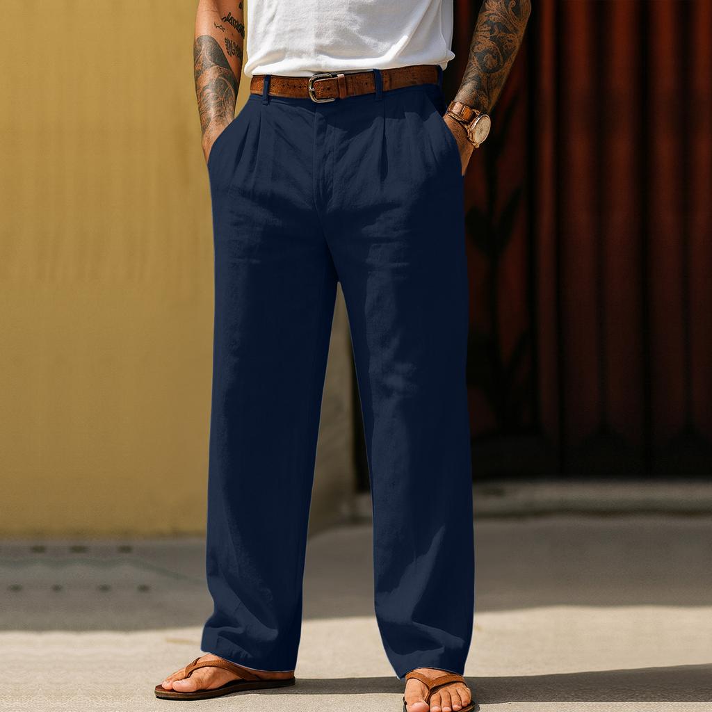 Mens Classic Fit Linen Trousers Relaxed Straight Leg Lightweight Breathable Pleated Front Pant for Everyday Wear