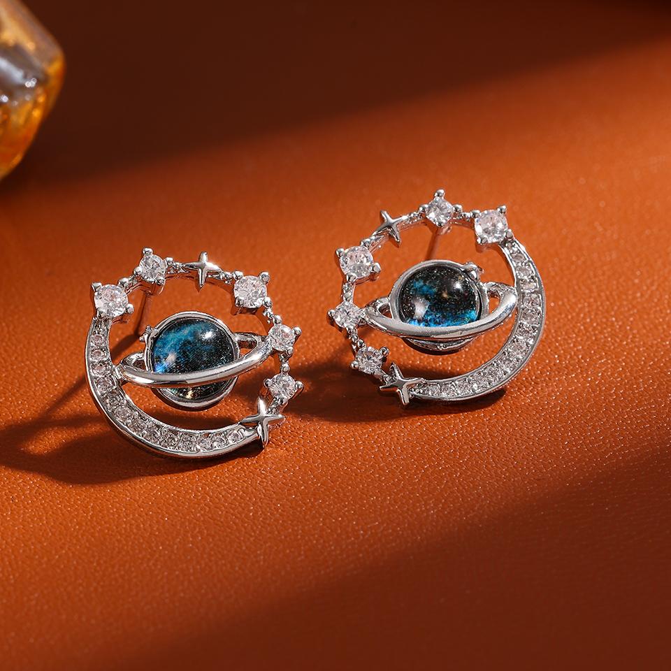 ZAKOL New Universe Planet Shiny Zircon Stud Earrings for Women Korean Fashion Aesthetic Zircon Ear Accessories