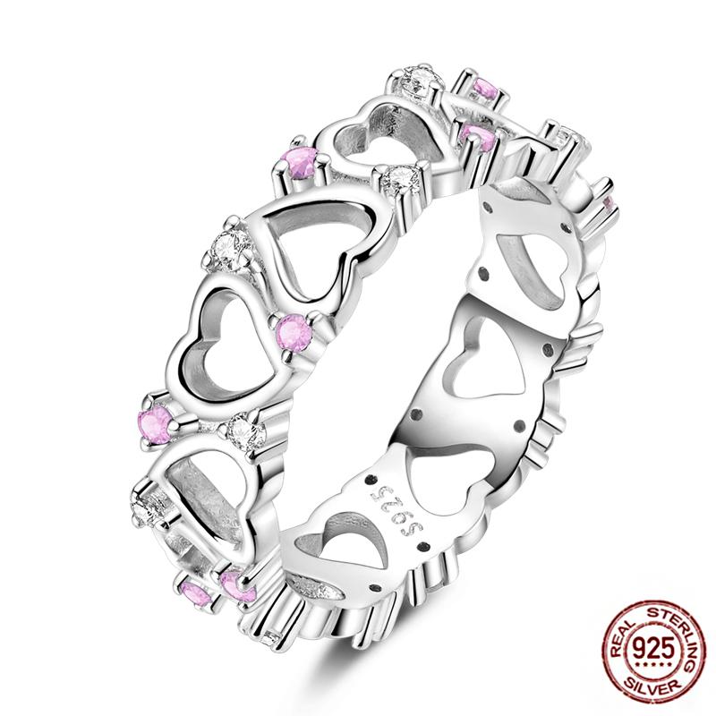 Shine Women koppar Fingerringar 925 Sterling Hjärta Krona Glöd Eldfluga Stjärna Sol Tusensköna Stapelbar Originalring Årsdag Zirkon