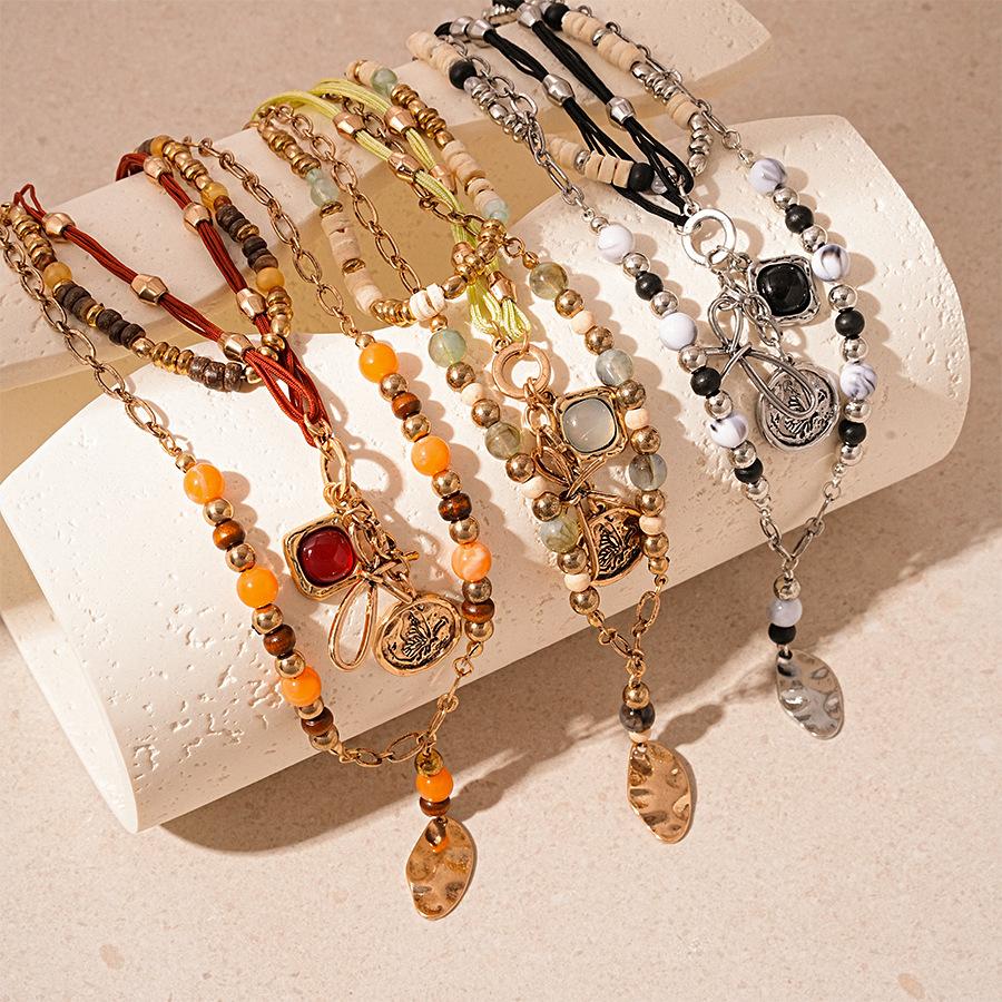 Multi-Layer Irregular Leaf Pendant Necklaces Vintage Colorful Beads Collarbone Chain Jewelry for Women