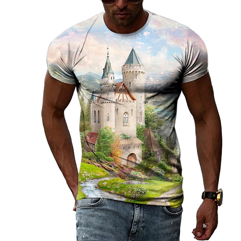 Summer Boys Cartoon Landscape Hand Painted Graphic T Shirts Men Casual 3D Taste Kawaii Printed Round Neck Short Sleeve Tees Tops