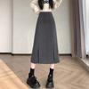 Women's Gray Wool Plaid Pleated A-Line Skirt - High Waist, Mid-Length, Slimming, with Slit for Autumn/Winter