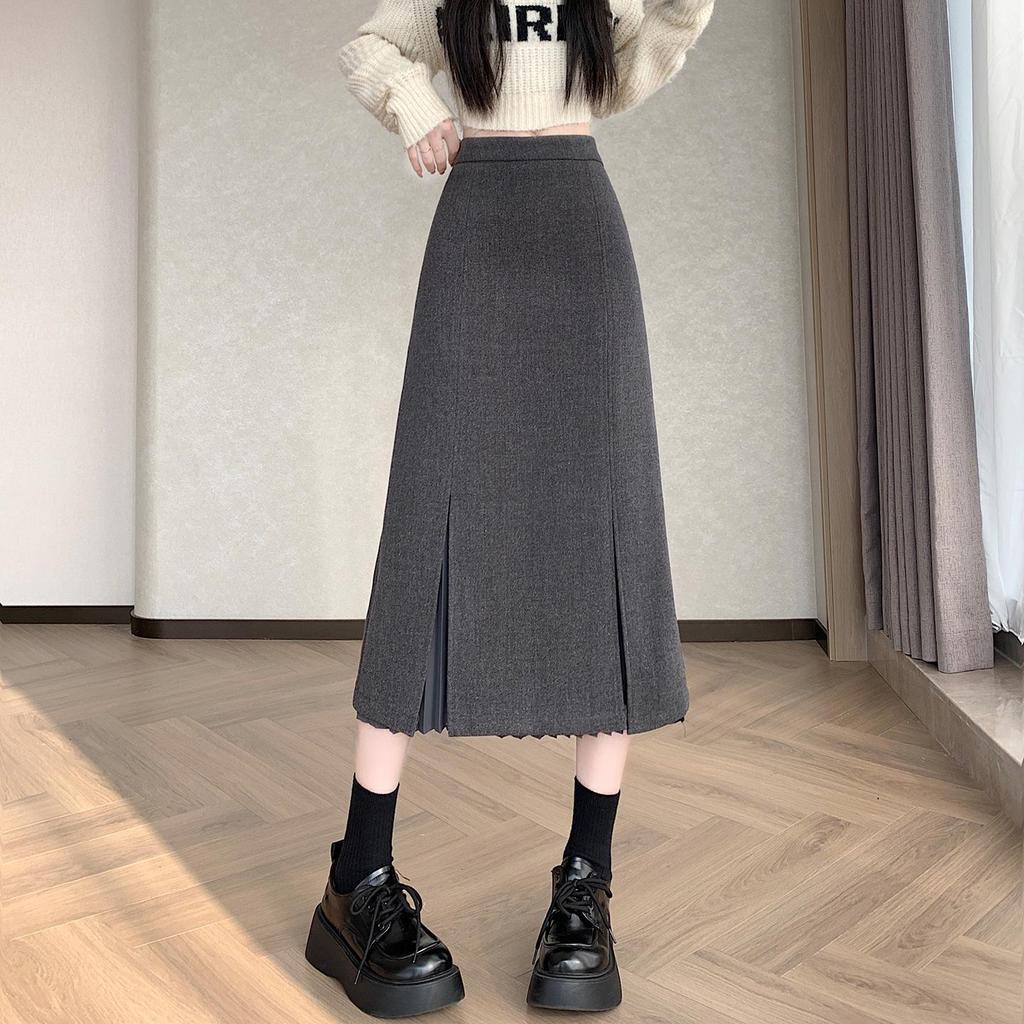 Women's Gray Wool Plaid Pleated A-Line Skirt - High Waist, Mid-Length, Slimming, with Slit for Autumn/Winter