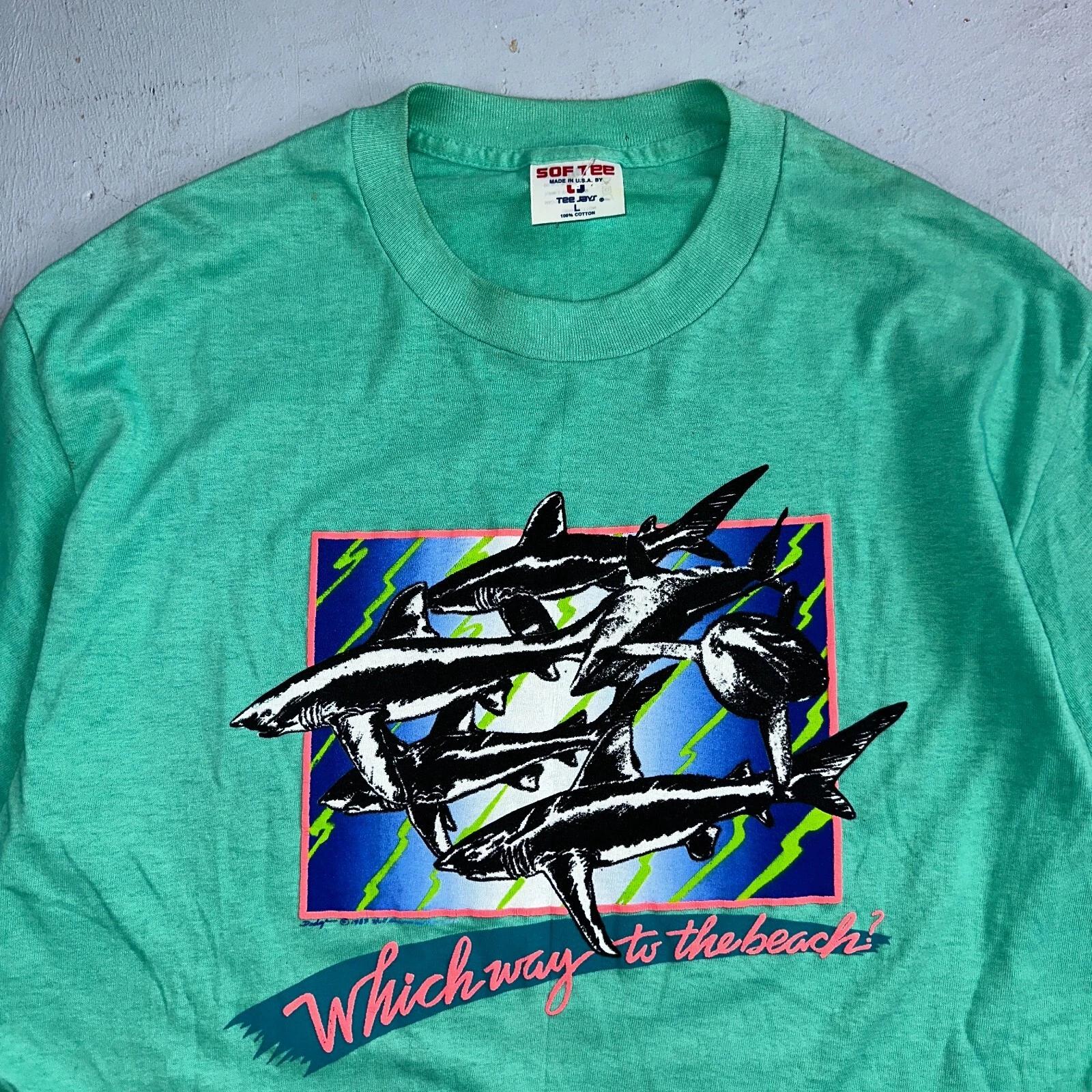 Sharks Great White 80s VTG T Shirt Single Stitch Which Way Beach Funny Art Graph 3XL