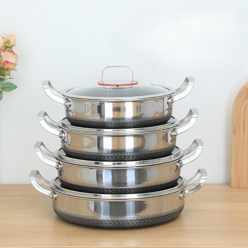 Double Ear Frying Pan Stainless Steel Stew Pot Pancake Baking Tray with Lid Induction Cooker Gas Stove Universal Non-stick Pot