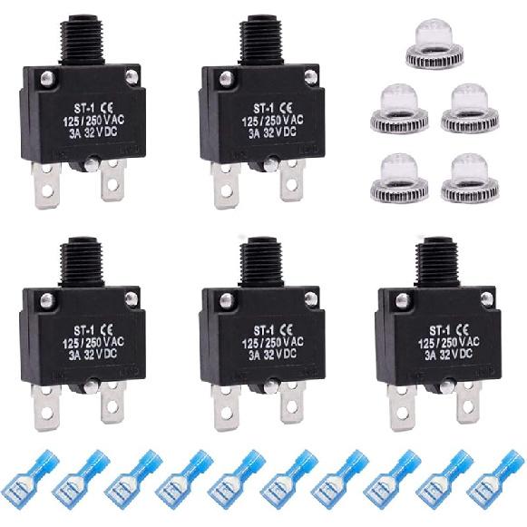 Mxuteuk 5Pcs 3,5,10,15,20Amp Circuit Breakers Push Button Manual Reset 125/250V AC 32V DC,Overload Protector Switch Thermal Circuit Breakers With