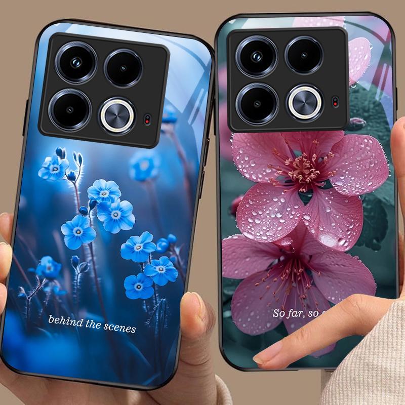 Blue Flower Element For Infinix Note 40 4G 30i 12 G96 Smart 8 Hot 9 Play 10 11S 12 20i 50 Pro Plus 5G Tempered Glass Phone Case