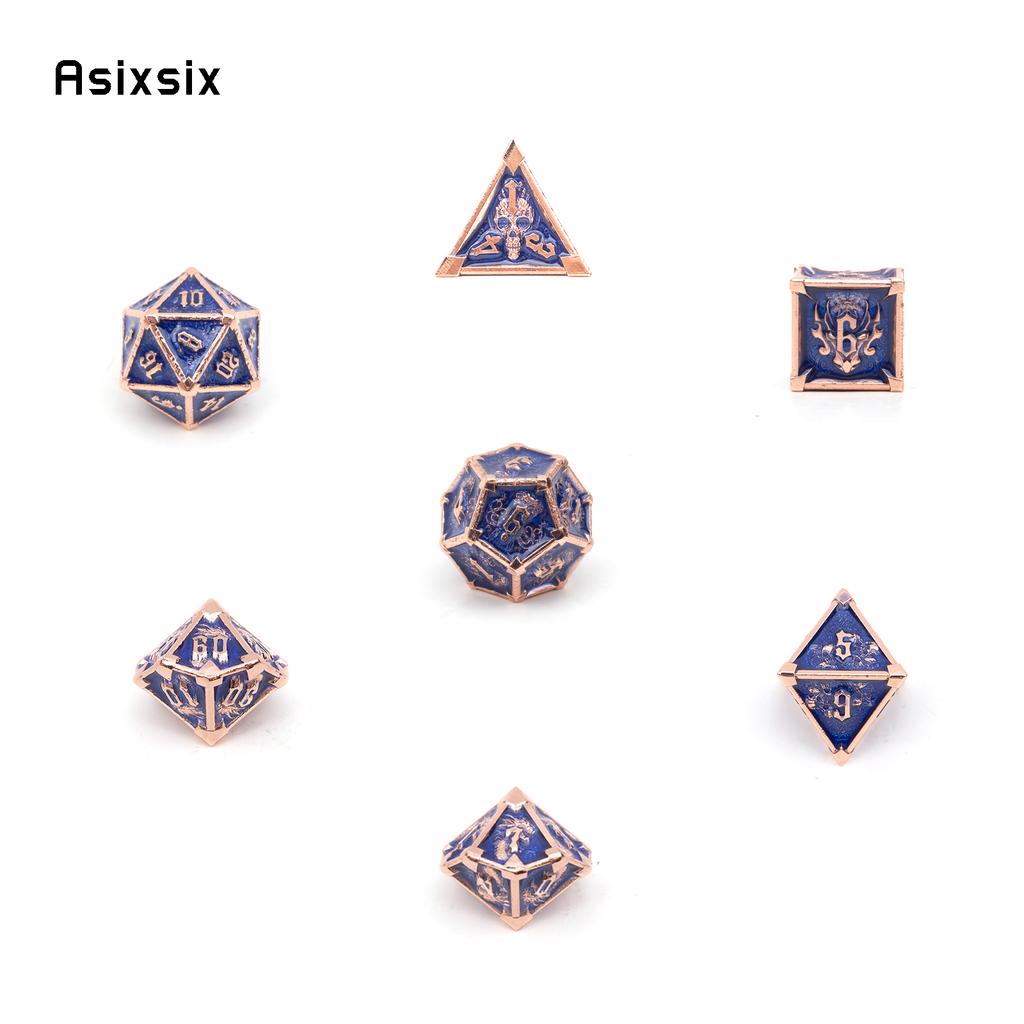 7 Pcs Dark Blue Skull Metal Dice Solid Metal Polyhedral Dice Set Suitable for Role-Playing RPG Board Game Card Game