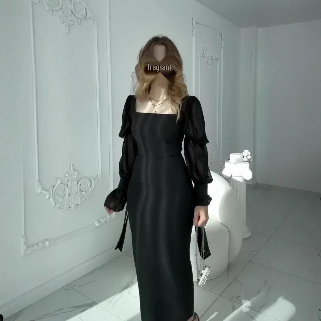 

2025 Summer Elegant Square Neck Flare Sleeve Waist-Cinching Slim Dress for Women XXL