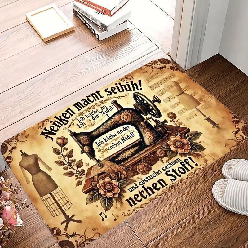 Vintage Sewing Machine Print Doormat Retro Floral Scissors Design Non Slip Floor Mat for Sewing Room