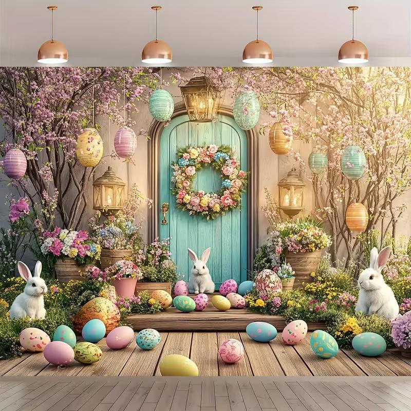 2D Cute Bunny & Colorful Eggs Backdrop Cloth Easter Home Living Room Decor