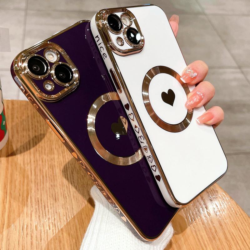 Custodia di lusso Magsafe Magnetica Placcata con Cuore d'Amore per iPhone 11 12 13 14 15 16 Pro Max X XR XS Plus Cover per Ricarica Wireless