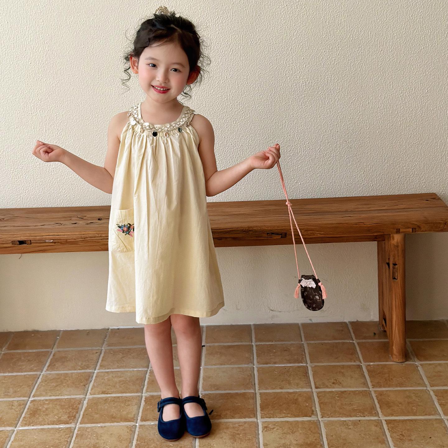 Girls Halter Cotton Spaghetti Strap Dress - Summer 2026 Sleeveless Princess Outfit 120 cm бежевый