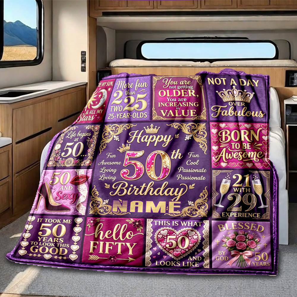 Happy 50Th Birthday Rv Customize Your Name Blanket Soft Cozy Lightweight For Travel Camping Picnic Sofa Bedroom Living Room Suitable As Gifts For