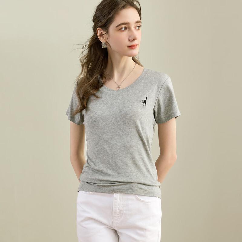 Snowforte Silk Blend V-Neck Cat Embroidered T-Shirt 2XL