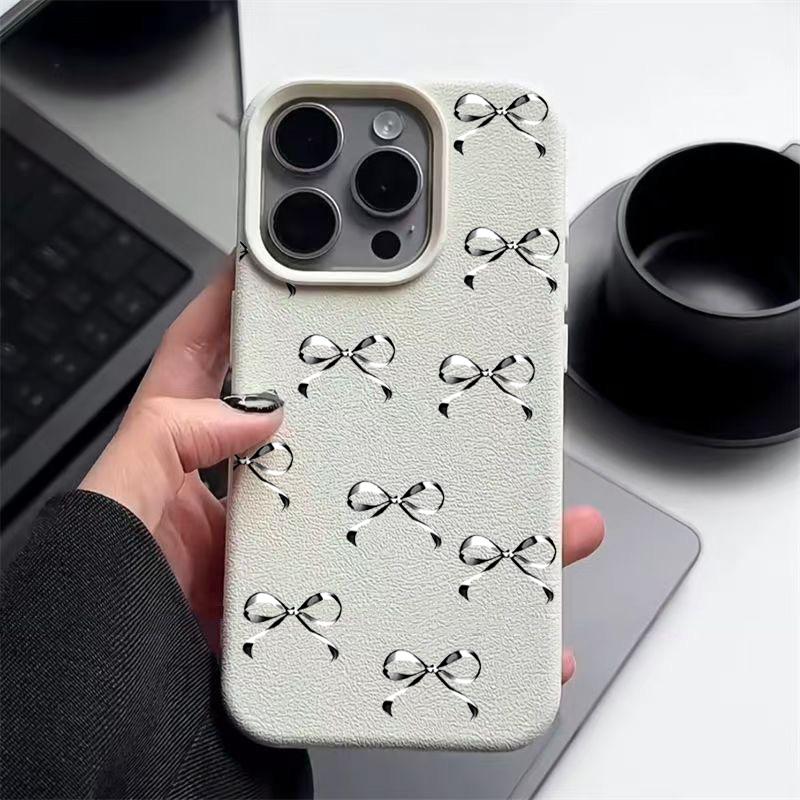 

Чехол для телефона из ТПУ с рисунком банта и текстурой из кожи для iPhone 16 Pro Max 15 Pro 14 13 12 11, однотонный матовый, ударопрочный, тонкий, мягкий чехол-бампер iPhone 15 Pro Max белый/бежевый