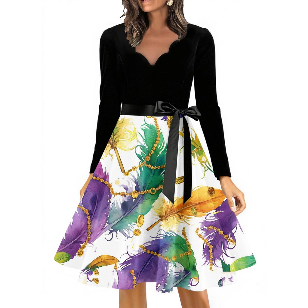 Women's Casual Fashion V Neck Long Sleeve Printed Vintage Long Dress