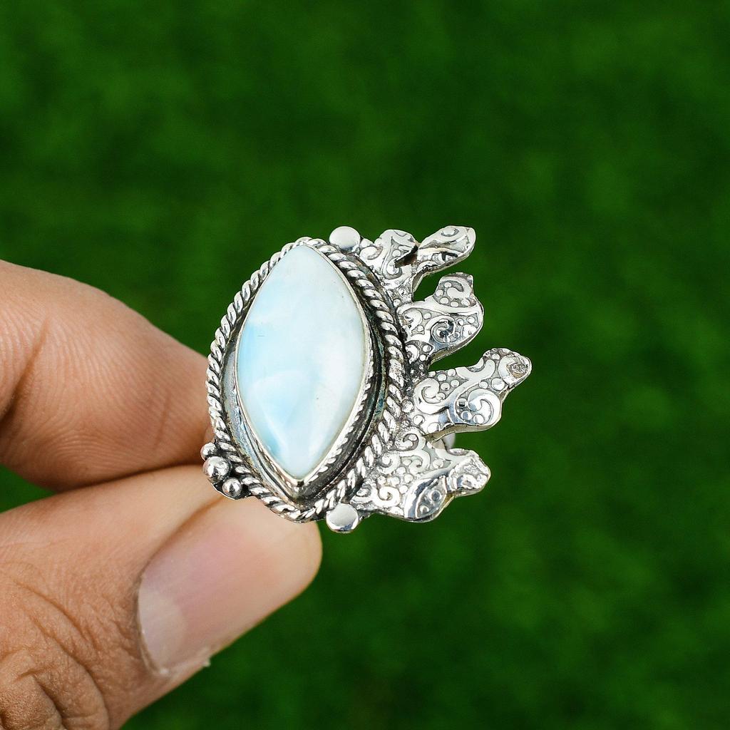 Sterling Silver Throat Chakra Natural Larimar Stackable Ring Jewelry Size Yes