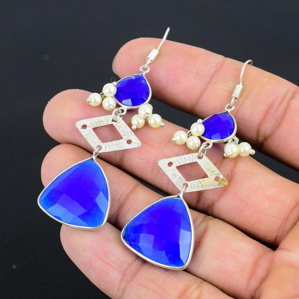 Gift For Women Drop/Dangle Earrings 925 Silver Natural Blue Saphire Gemstone