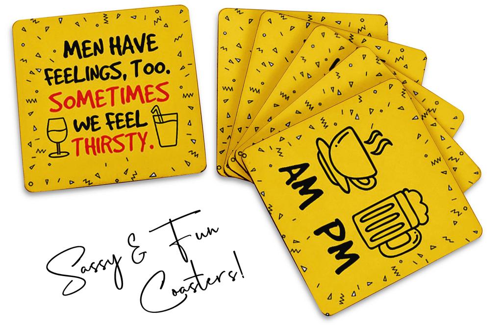 Inkdotpot Set of 6 Drink Coasters Easy Clean 4 Inch Square  Coasters  Cork Base-  Reusable- Funny Bachelor