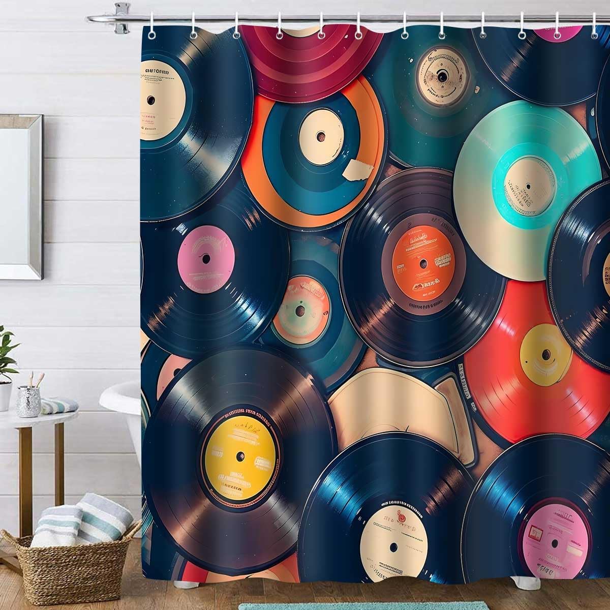 Jessica Chen Retro Music Music Record Bathroom Shower Curtain, Album Bathroom Bathtub Decorative Curtain