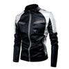 Mens PU Leather Biker Jacket With Stand Collar Retro Patchwork Design Warm Casual Outerwear Winter