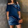 Women Plus Size Off Shoulder Short Sleeve Blue Gold Marble Printed Loose Romper With Side Pockets