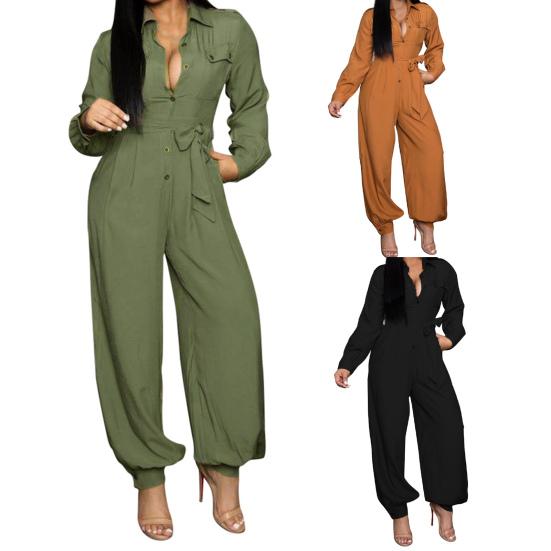 

Женский комбинезон, однотонный осенний комбинезон с отложным воротником и завязками на щиколотке для свиданий
