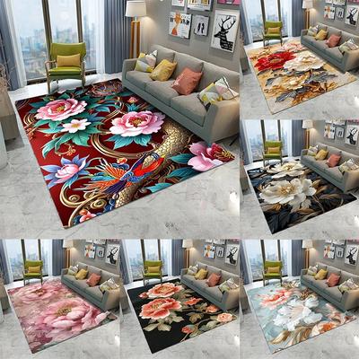 Retro Chinese Flowers Carpet Living Room Bedroom Balcony Sofa Table Door Entrance Rug Non-slip Machine Washable Home Decor Mat