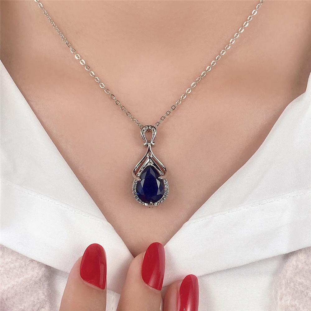 Huitan Pear Shape Blue Cubic Zirconia Women Necklace Full Bling Iced Out Engagement Wedding Neck Accessory Silver Color Jewelry