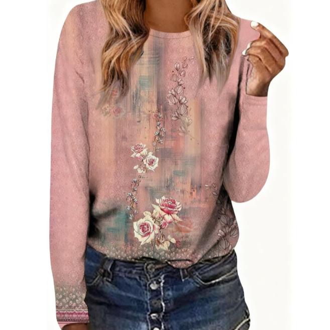 Spring and Autumn Round Neck Retro 3D Printed Top Fashionable Casual Long Sleeved Women's T-shirts