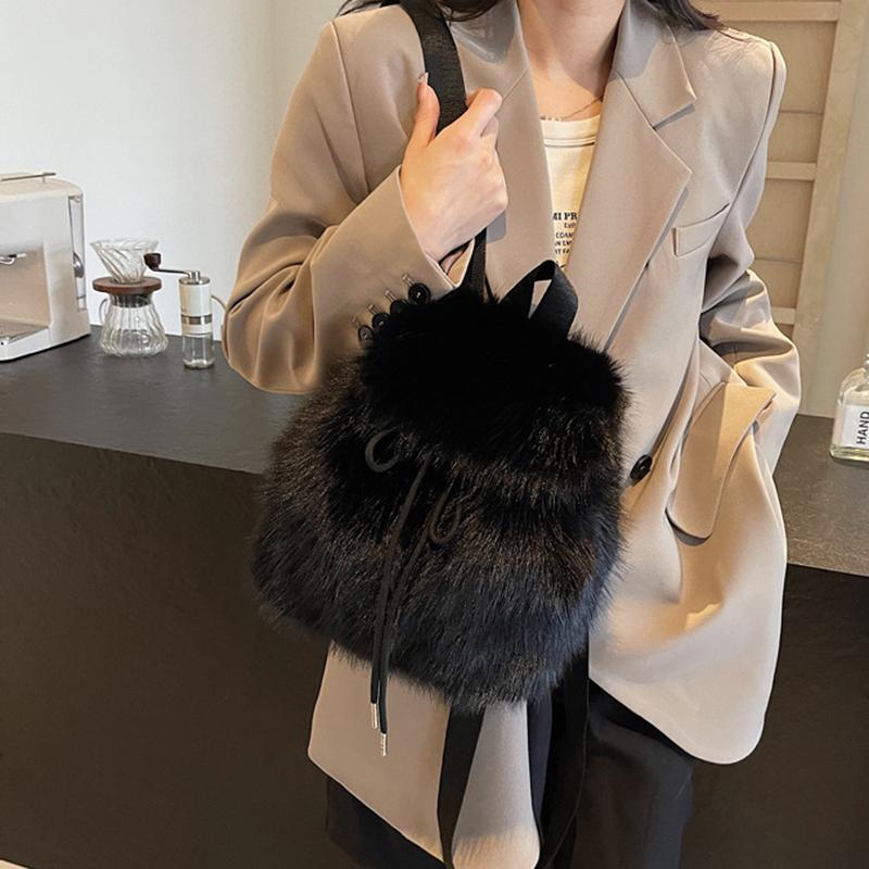 Yogodlns Plush Backpack Women Small Cute Drawstring Fluffy Bag Solid Color Soft Knapsack Winter Warm Faux Fur Shoulder Backpack