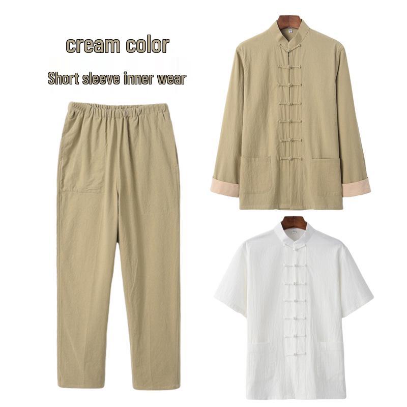 Men's Cotton Linen Three-Piece Tang Suit: Chinese Style Frog Button Hanfu, Retro Lay Buddhist Robe, Tea Attire